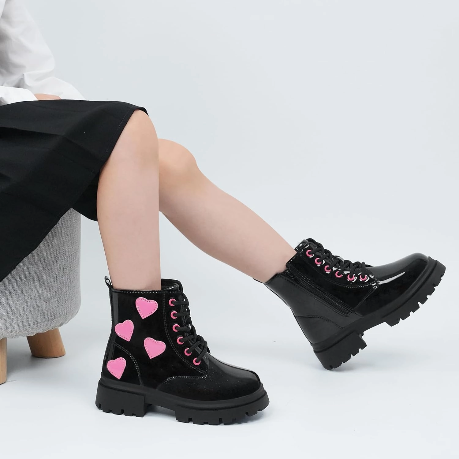 starmerx Girls Ankle Boots Lace Up Combat Boot Side Zipper Comfortable Boys Boots