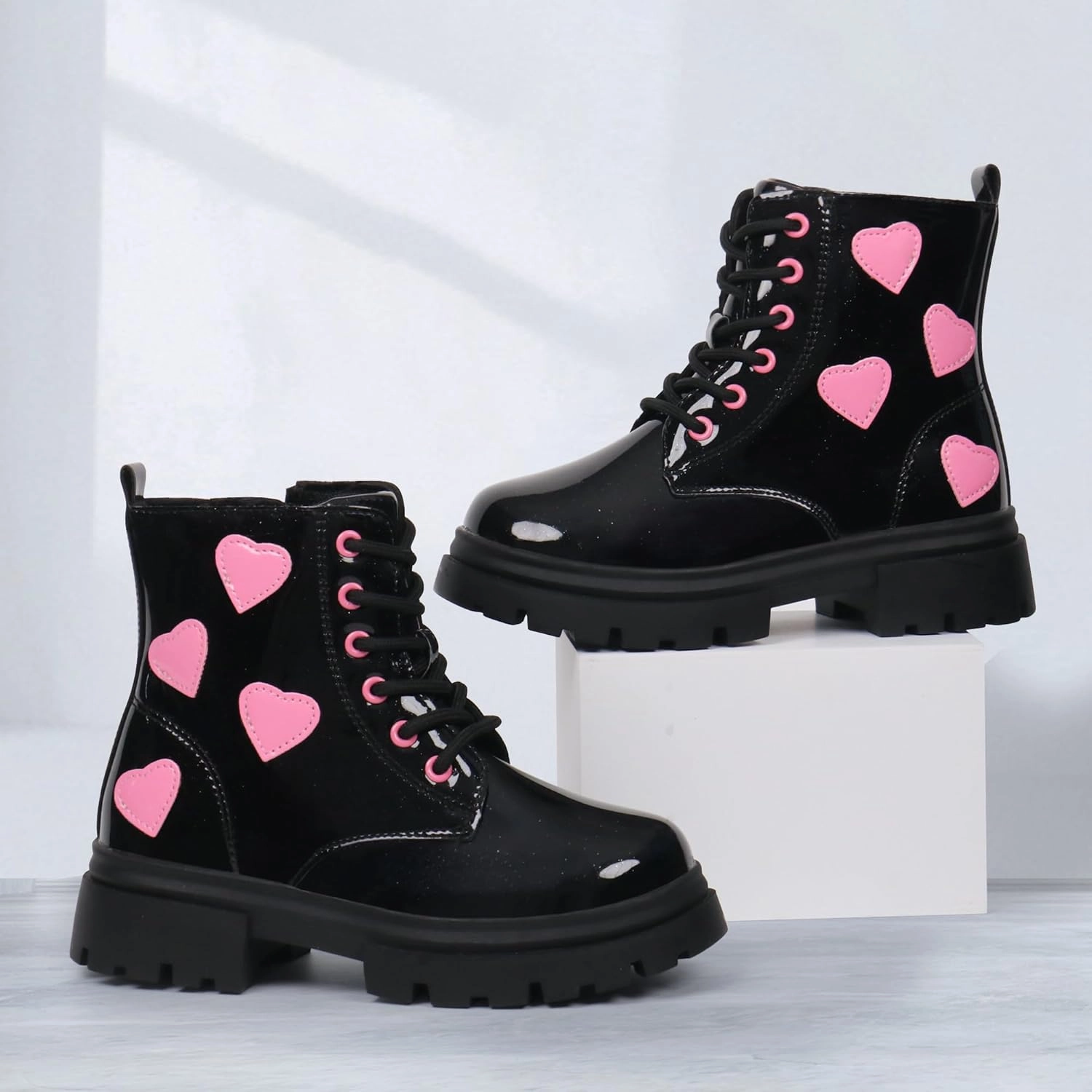 starmerx Girls Ankle Boots Lace Up Combat Boot Side Zipper Comfortable Boys Boots