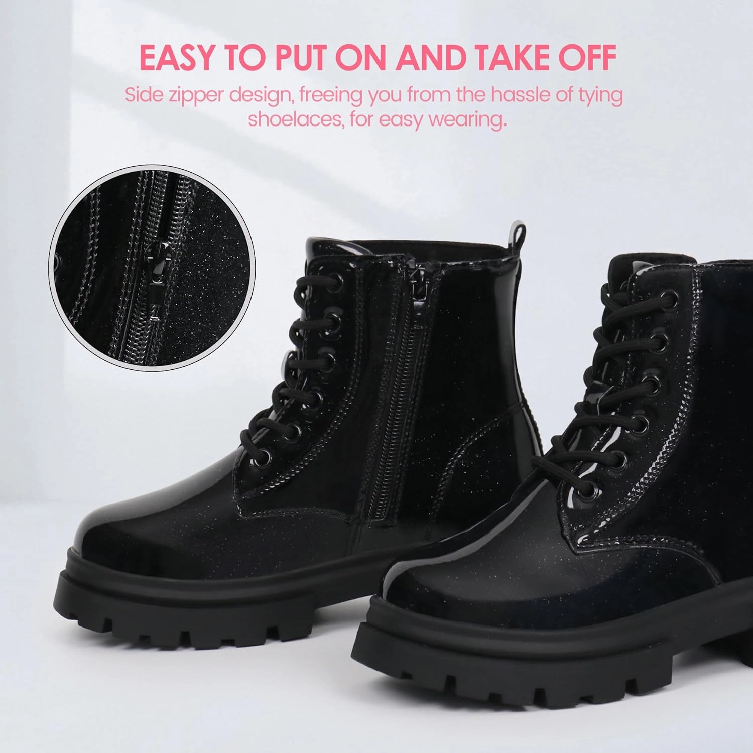 starmerx Girls Ankle Boots Lace Up Combat Boot Side Zipper Comfortable Boys Boots