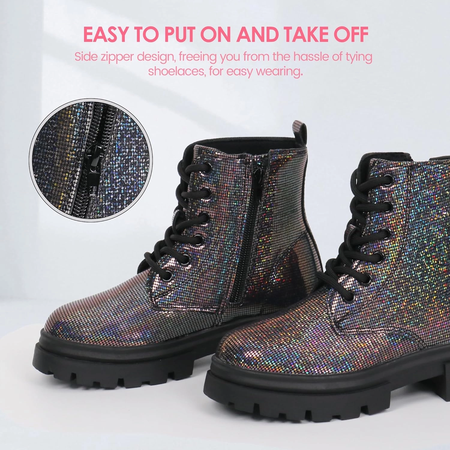 starmerx Girls Ankle Boots Lace Up Combat Boot Side Zipper Comfortable Boys Boots