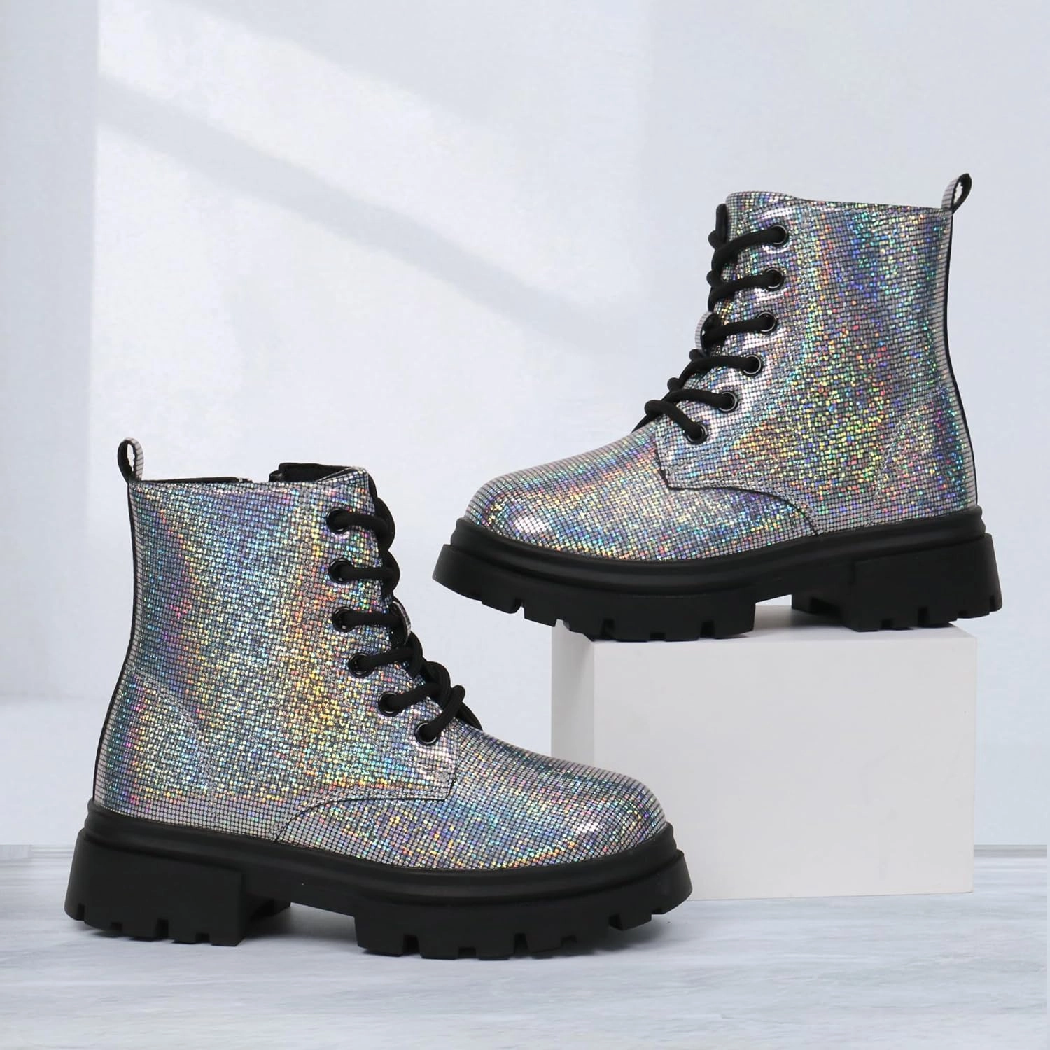 starmerx Girls Ankle Boots Lace Up Combat Boot Side Zipper Comfortable Boys Boots