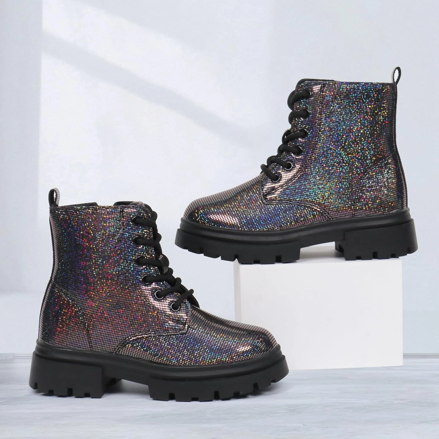 starmerx Girls Ankle Boots Lace Up Combat Boot Side Zipper Comfortable Boys Boots