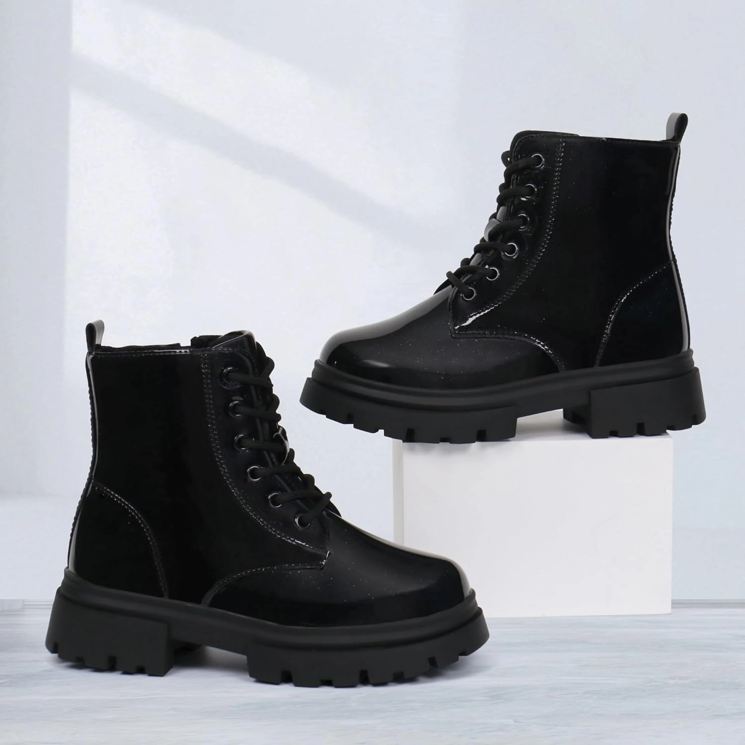 starmerx Girls Ankle Boots Lace Up Combat Boot Side Zipper Comfortable Boys Boots