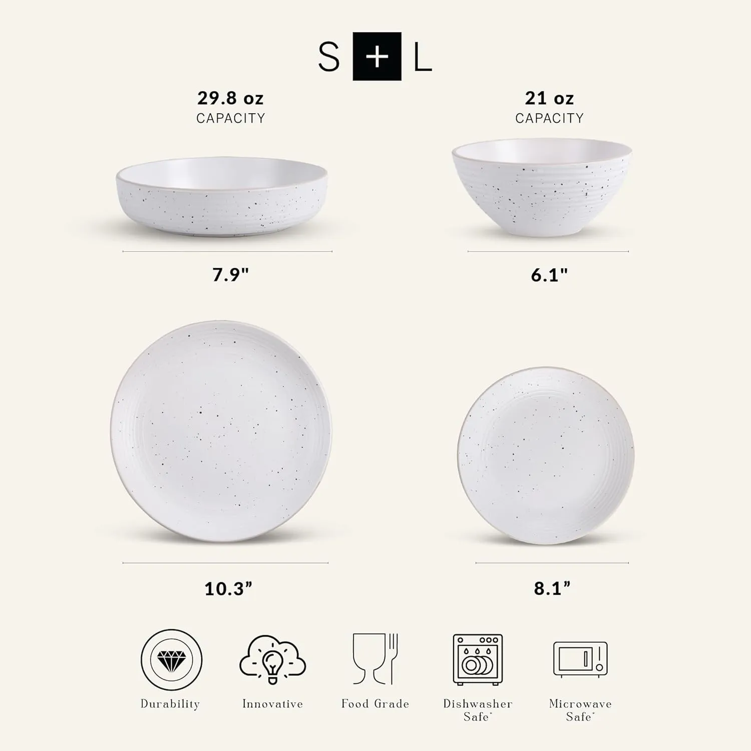 Stone Lain Lauren Stoneware, Rustic Plates and Bowls Set, Dinnerware, Service for 4, Speckled Off White, Dishwasher & Microwave Safe, 16-Piece