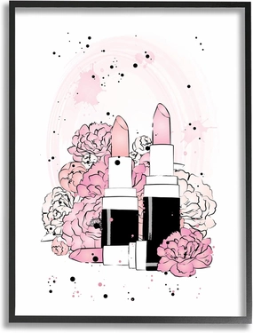 Stupell Industries Pink Peony Florals Glam Lipstick Cosmetic, Design by Martina Pavlova Black Framed Wall Art, 16 x 20, White