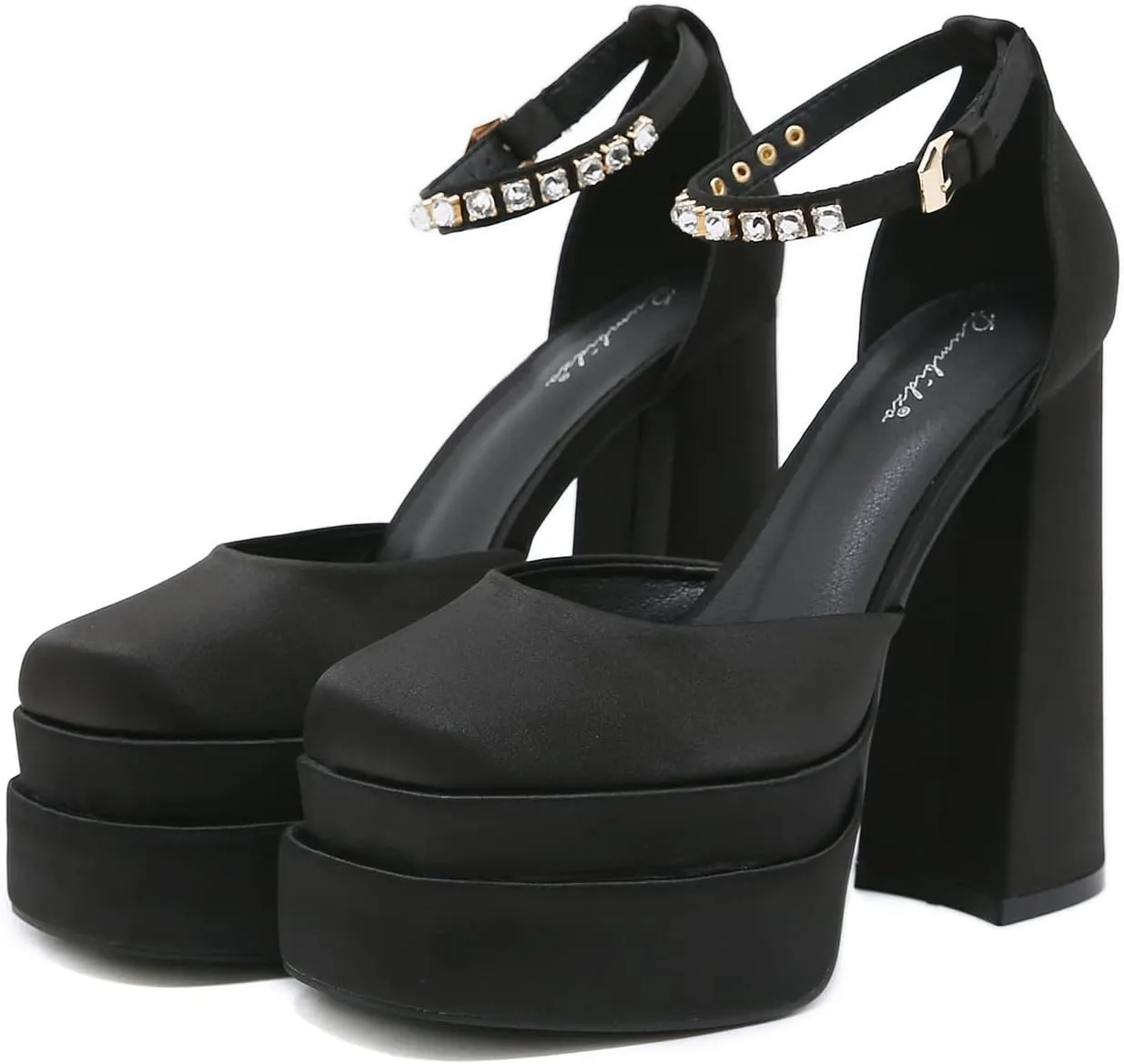 STUPMARY Womens Platform Chunky High Block Heels Ankle Strap Buckles Satin Heels Pumps Fashion Dress Party Shoes