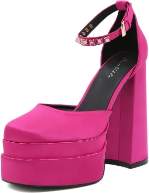 STUPMARY Womens Platform Chunky High Block Heels Ankle Strap Buckles Satin Heels Pumps Fashion Dress Party Shoes