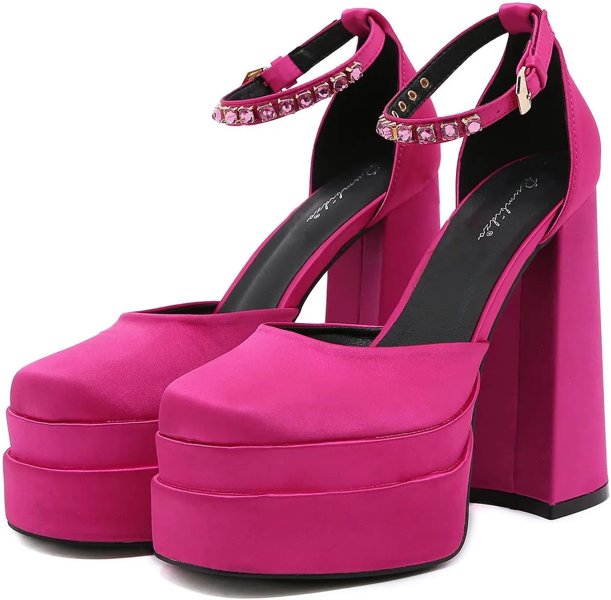 STUPMARY Womens Platform Chunky High Block Heels Ankle Strap Buckles Satin Heels Pumps Fashion Dress Party Shoes