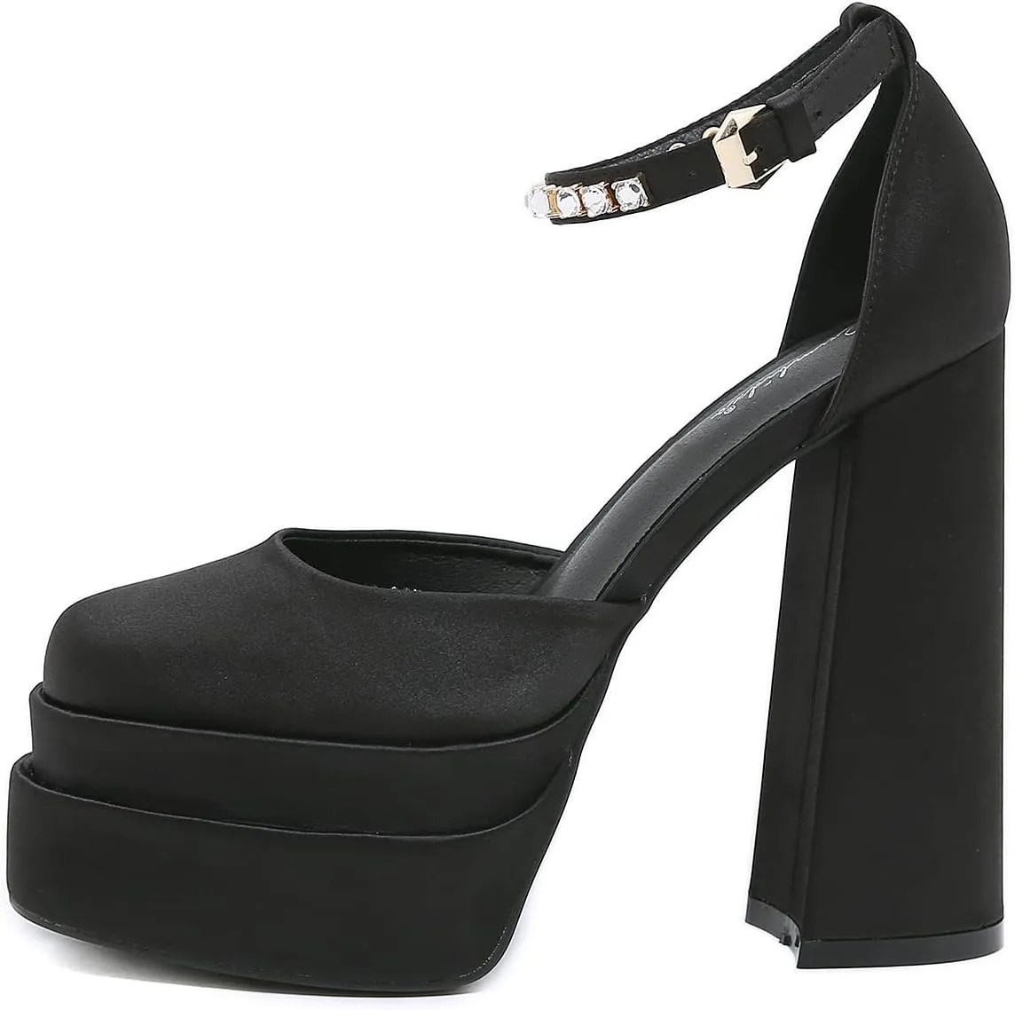 STUPMARY Womens Platform Chunky High Block Heels Ankle Strap Buckles Satin Heels Pumps Fashion Dress Party Shoes