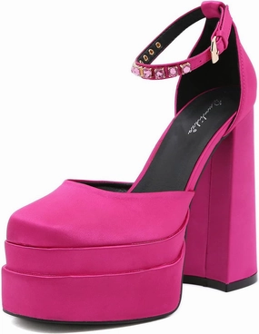 STUPMARY Womens Platform Chunky High Block Heels Ankle Strap Buckles Satin Heels Pumps Fashion Dress Party Shoes