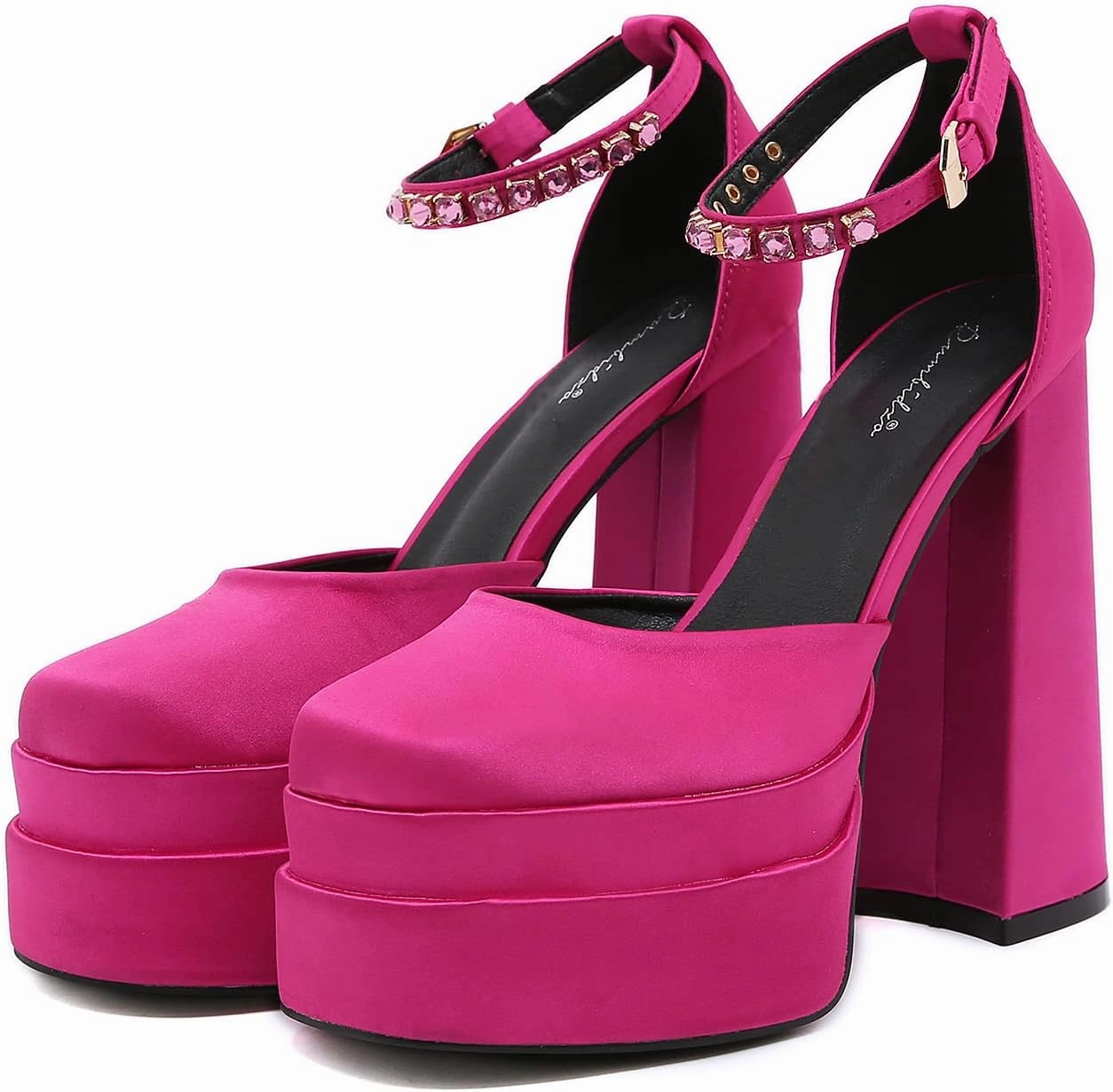 STUPMARY Womens Platform Chunky High Block Heels Ankle Strap Buckles Satin Heels Pumps Fashion Dress Party Shoes