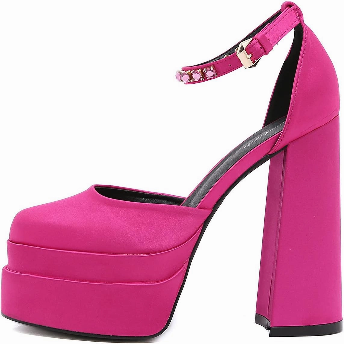 STUPMARY Womens Platform Chunky High Block Heels Ankle Strap Buckles Satin Heels Pumps Fashion Dress Party Shoes