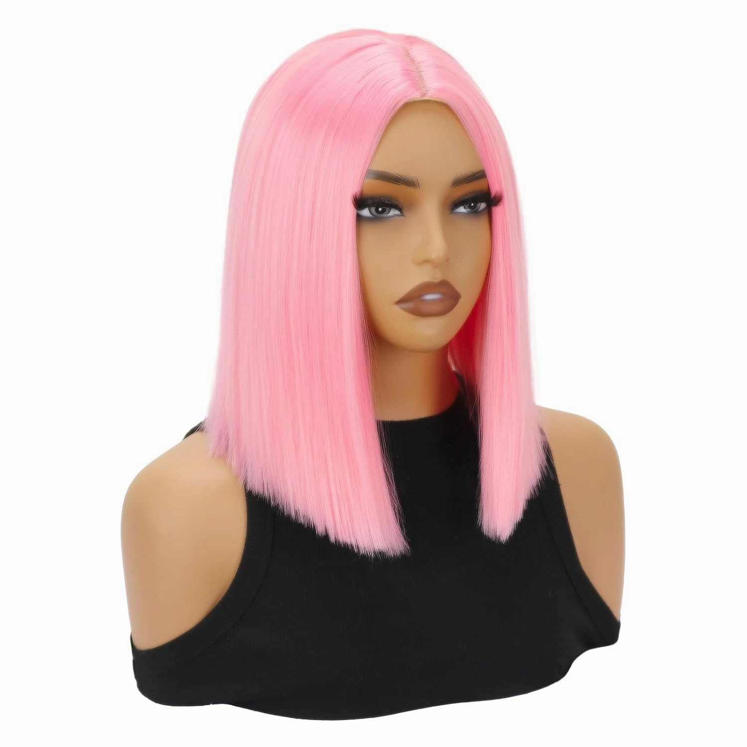 SUKRI Short Pink Bob Wig Straight Bob Pink Wigs for Women Middle Part Shoulder Length Bob Wigs 12 Inch Heat Resistant Synthetic Wig For Costume Cosplay Halloween Party Use