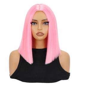 SUKRI Short Pink Bob Wig Straight Bob Pink Wigs for Women Middle Part Shoulder Length Bob Wigs 12 Inch Heat Resistant Synthetic Wig For Costume Cosplay Halloween Party Use