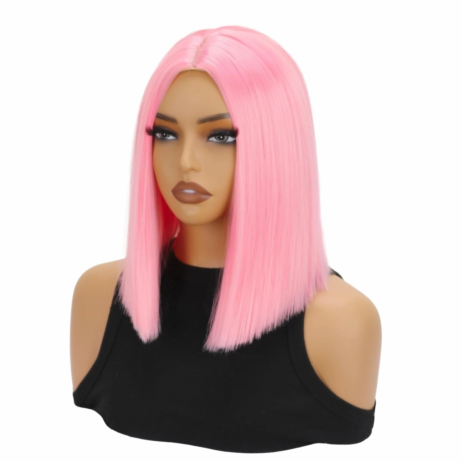 SUKRI Short Pink Bob Wig Straight Bob Pink Wigs for Women Middle Part Shoulder Length Bob Wigs 12 Inch Heat Resistant Synthetic Wig For Costume Cosplay Halloween Party Use
