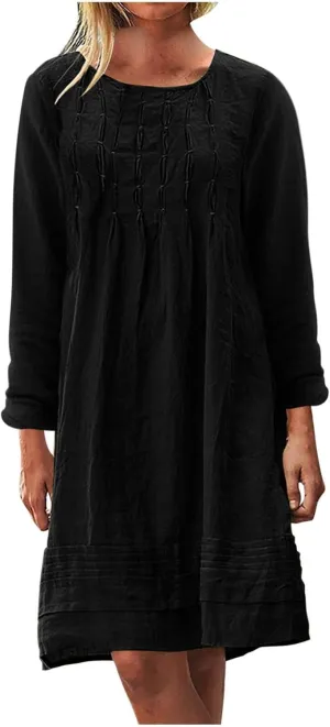 Summer Dresses for Women 2025 Vacation Cotton Linen Sundresses Casual Long Sleeve Crewneck Loose Boho Beach Clothes