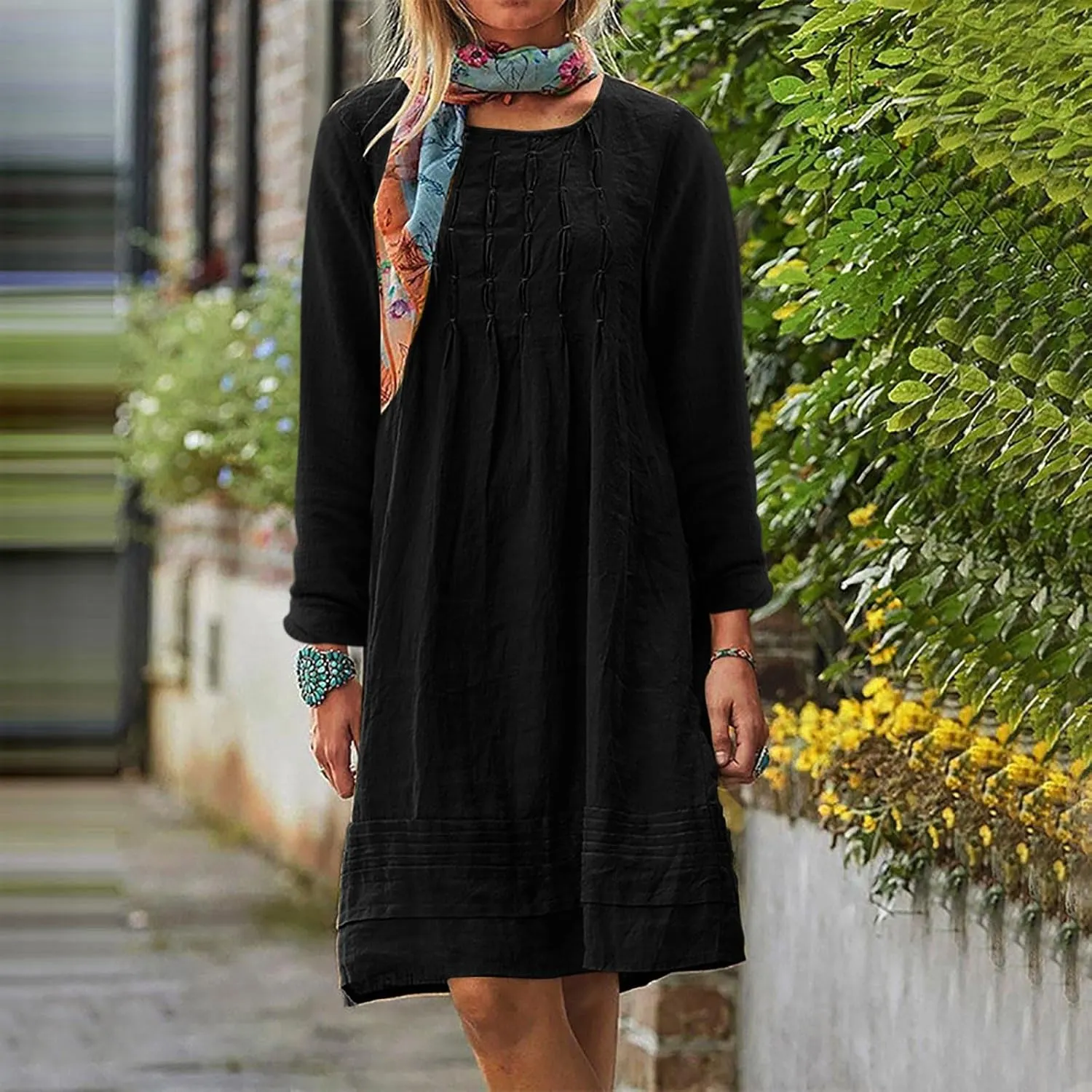 Summer Dresses for Women 2025 Vacation Cotton Linen Sundresses Casual Long Sleeve Crewneck Loose Boho Beach Clothes