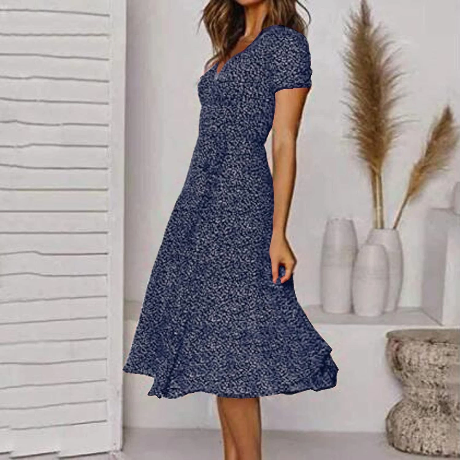 Summer Dresses for Women V-Neck Bandage Print Boho Maxi Dresses Casual Short Sleeve Flowy Swing Hawaiian Dresses