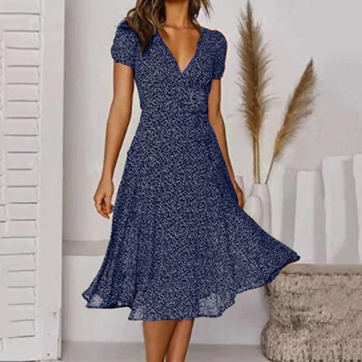 Summer Dresses for Women V-Neck Bandage Print Boho Maxi Dresses Casual Short Sleeve Flowy Swing Hawaiian Dresses