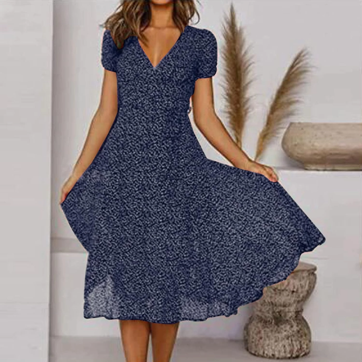 Summer Dresses for Women V-Neck Bandage Print Boho Maxi Dresses Casual Short Sleeve Flowy Swing Hawaiian Dresses