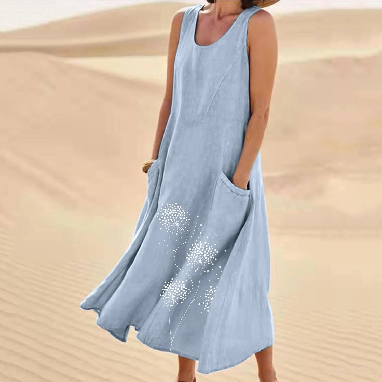 Summer Maxi Dresses for Women 2025 Fashion Print Sleeveless Sun Dress Casual Crewneck Relaxed Fittes Boho Clothes