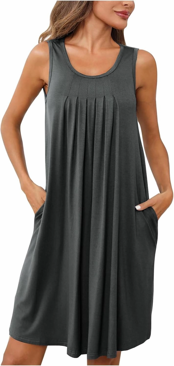 Sun Dresses for Women 2025 Summer Vacation Ruched Tank Dresses Casual Sleeveless Pleated Mini Dress with Pockets