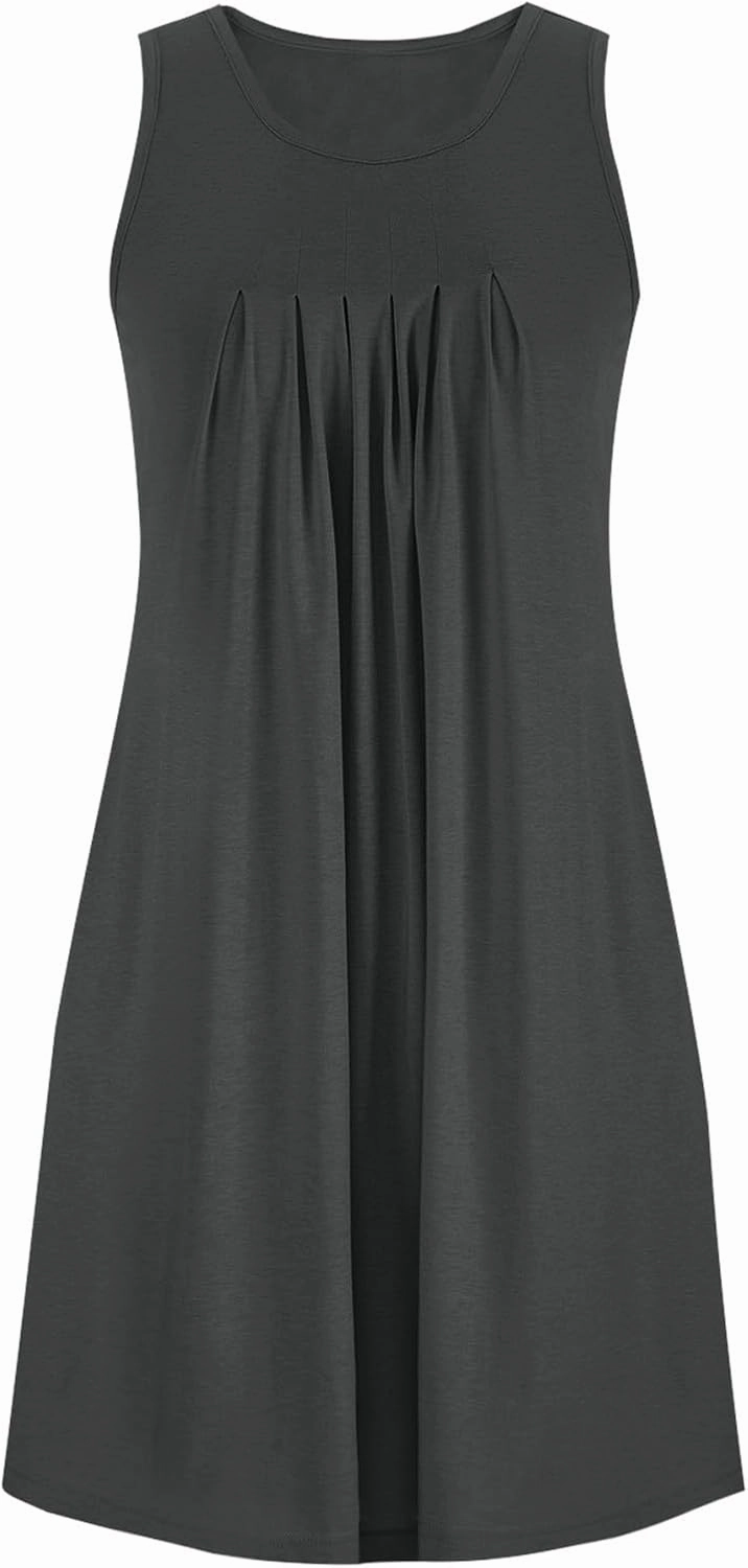 Sun Dresses for Women 2025 Summer Vacation Ruched Tank Dresses Casual Sleeveless Pleated Mini Dress with Pockets