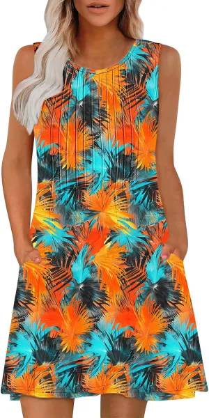 Sundresses for Women Casual Sleeveless Floral Ruched Front Dresses A-Line Beach Festival Dress with Pockets