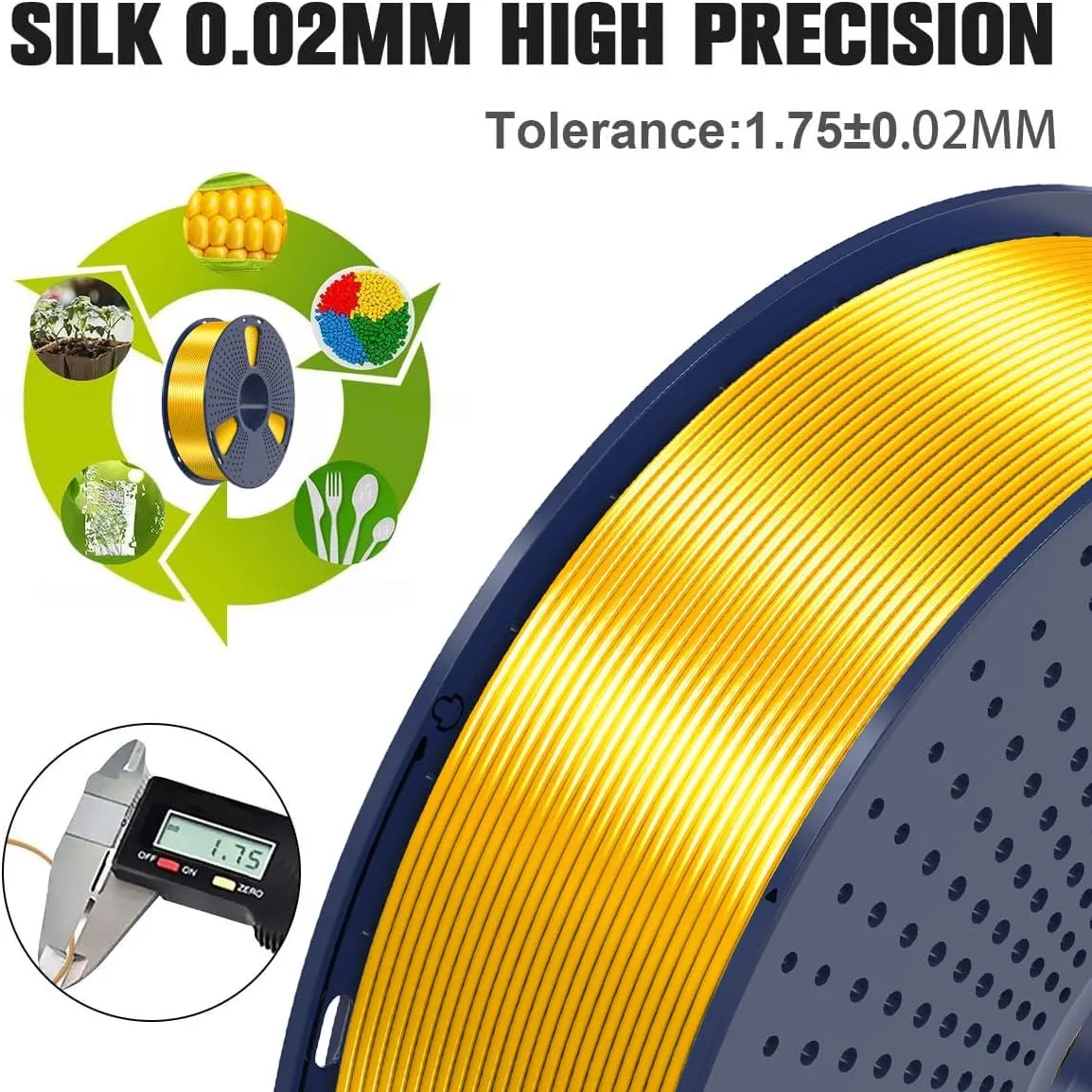 SUNLU Silk PLA Filament 1.75mm, Neatly Wound Shiny PLA 3D Printer Filament, Dimensional Accuracy  /- 0.02mm, Fit Most 3D Printers, Good Vacuum Packaging, 1kg Spool(2.2lbs), 330 Meters, Silky Gold