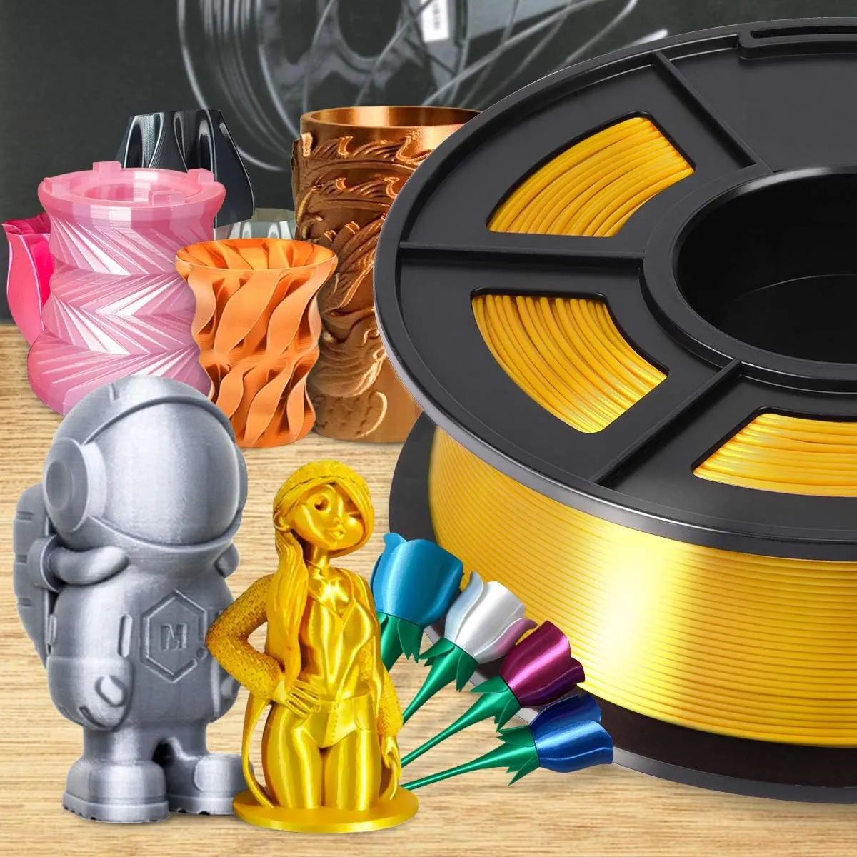 SUNLU Silk PLA Filament 1.75mm, Neatly Wound Shiny PLA 3D Printer Filament, Dimensional Accuracy  /- 0.02mm, Fit Most 3D Printers, Good Vacuum Packaging, 1kg Spool(2.2lbs), 330 Meters, Silky Gold