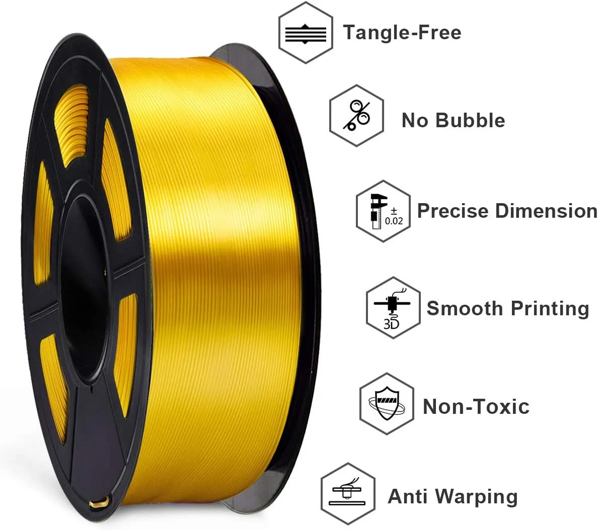 SUNLU Silk PLA Filament 1.75mm, Neatly Wound Shiny PLA 3D Printer Filament, Dimensional Accuracy  /- 0.02mm, Fit Most 3D Printers, Good Vacuum Packaging, 1kg Spool(2.2lbs), 330 Meters, Silky Gold