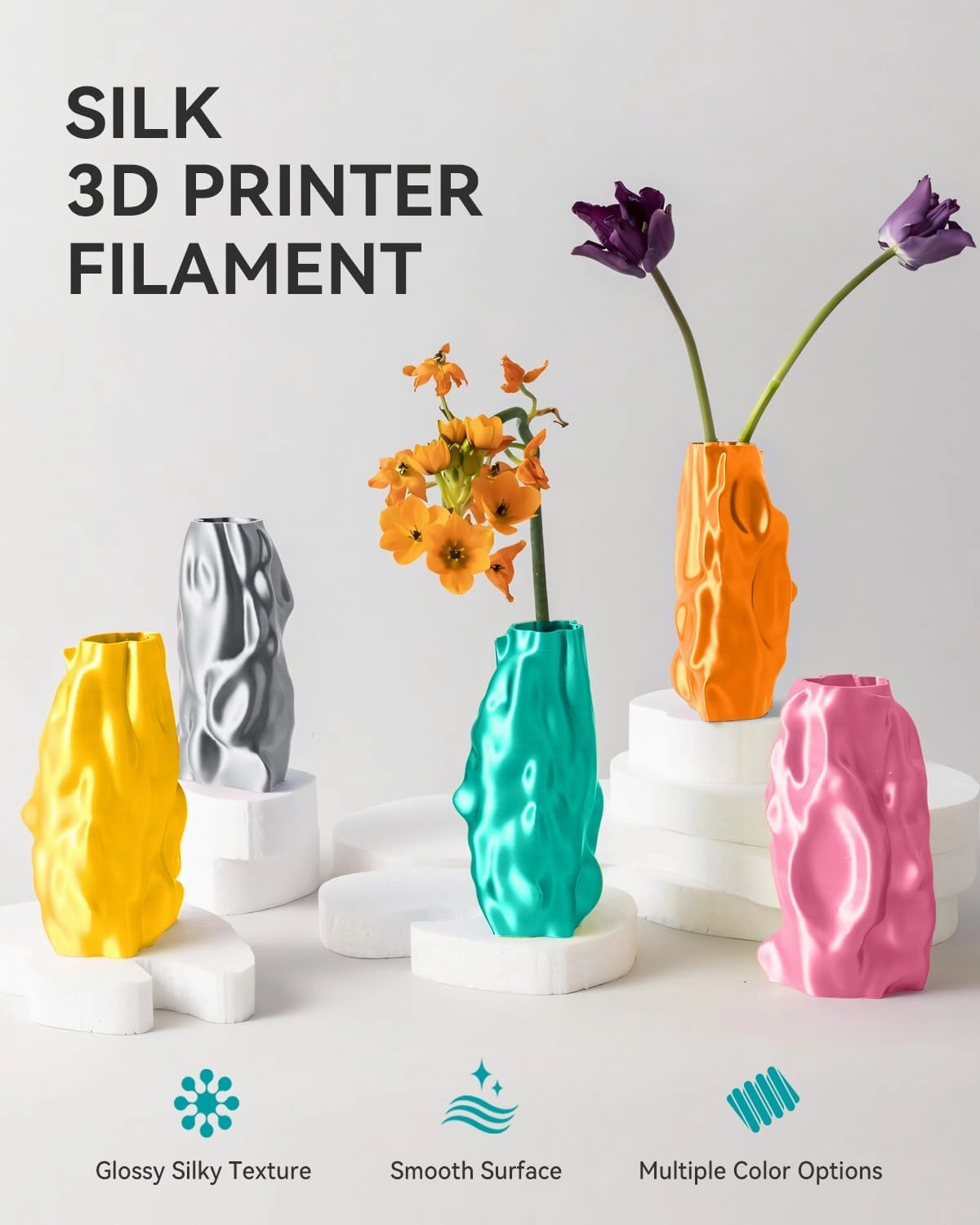 SUNLU 3D Printer Silk Filament,Shiny Silk PLA Filament 1.75mm, Smooth Silky Surface, Great Easy to Print for 3D Printers, Dimensional Accuracy  /- 0.02mm, Silk Silver 1KG