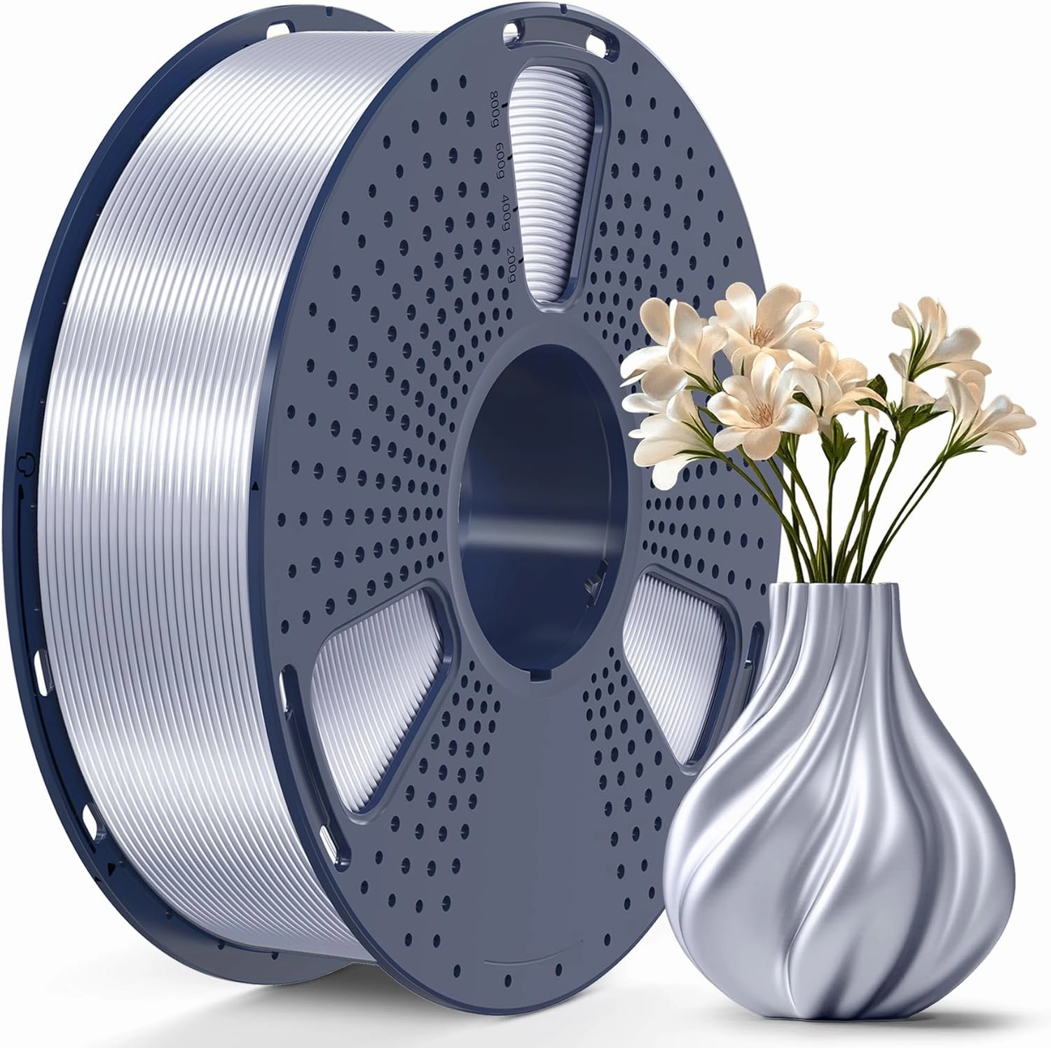 SUNLU 3D Printer Silk Filament,Shiny Silk PLA Filament 1.75mm, Smooth Silky Surface, Great Easy to Print for 3D Printers, Dimensional Accuracy  /- 0.02mm, Silk Silver 1KG
