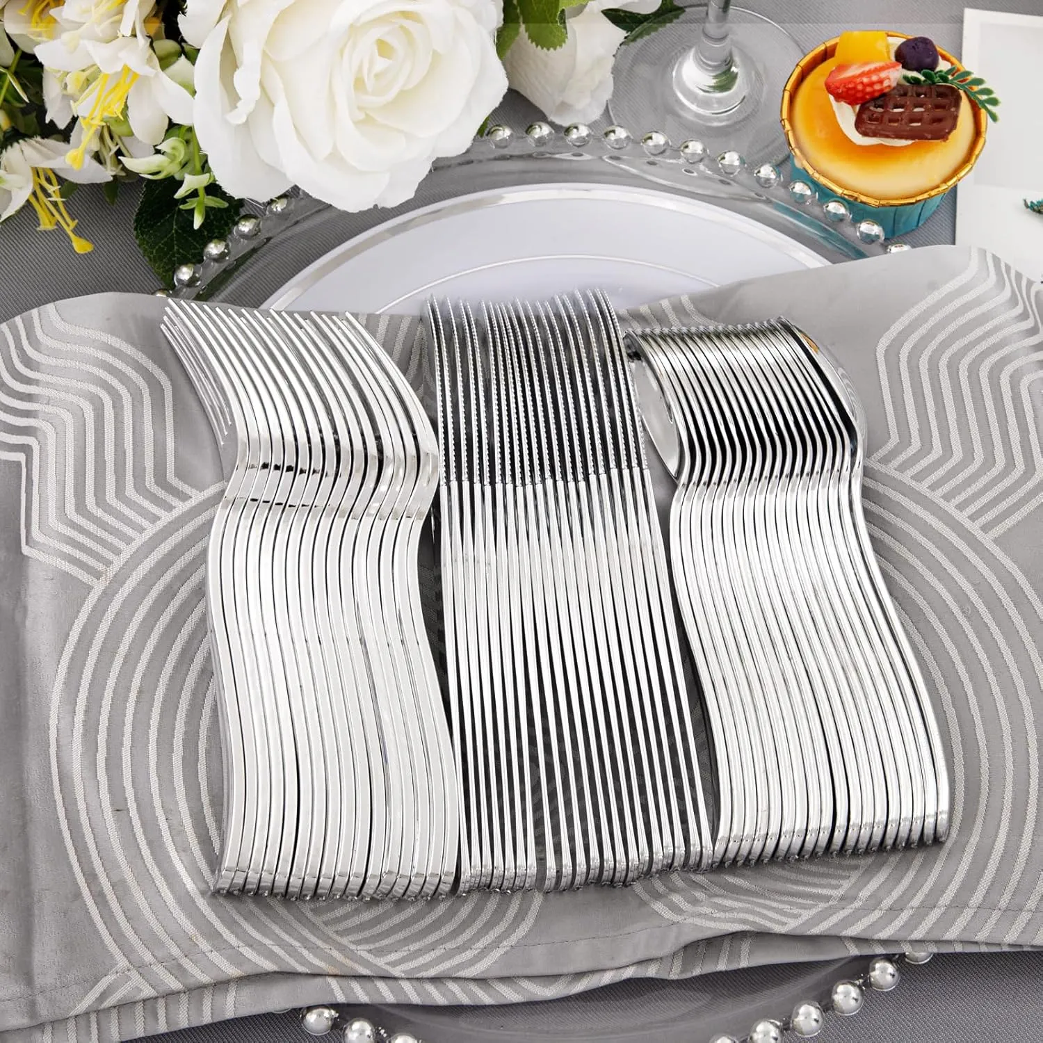 Supernal 360pcs Plastic Silverware Heavy Duty, Silver Plastic Silverware,Plastic Silverware Sets for Parties,Plastic Forks and Spoons,Party Plastic Flatware Suit for Weddings, Birthday Parties