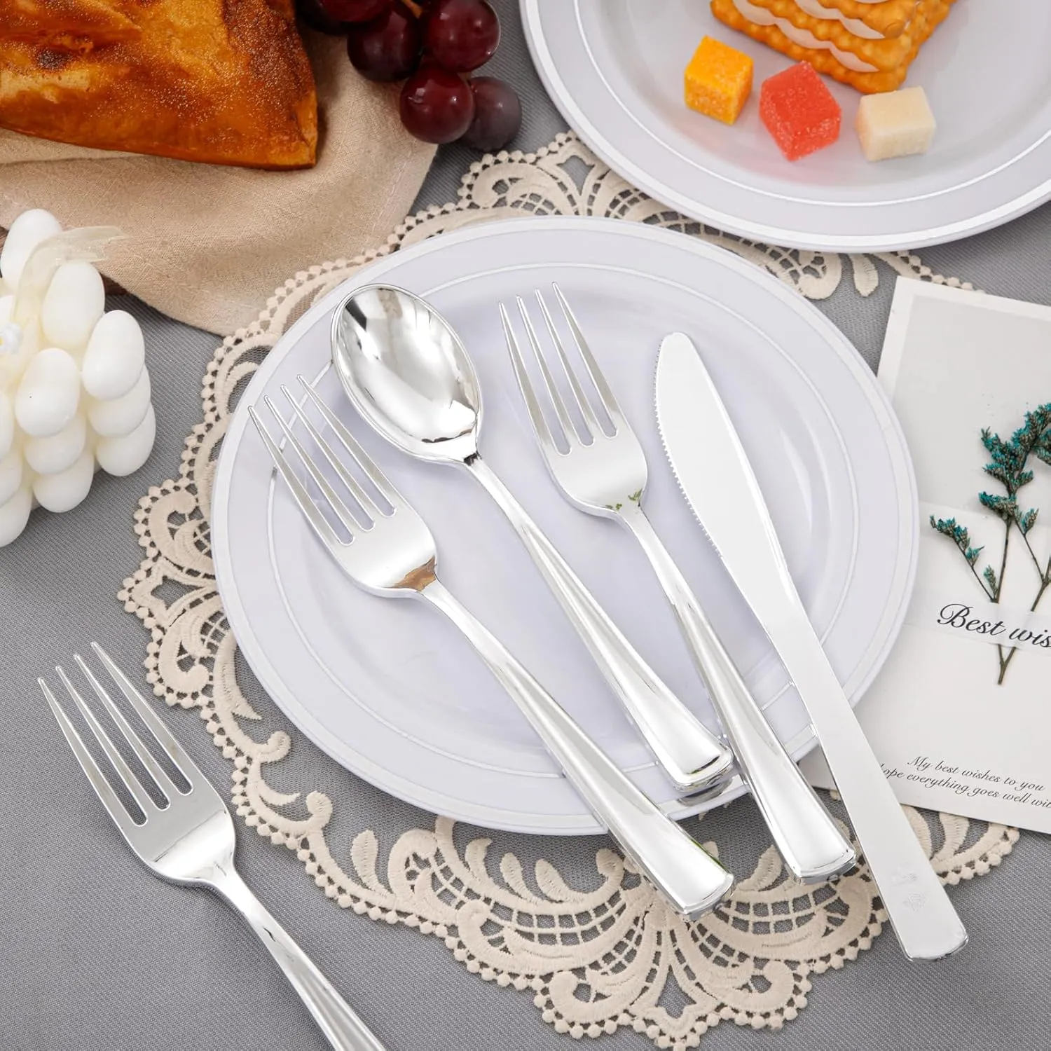 Supernal 360pcs Plastic Silverware Heavy Duty, Silver Plastic Silverware,Plastic Silverware Sets for Parties,Plastic Forks and Spoons,Party Plastic Flatware Suit for Weddings, Birthday Parties