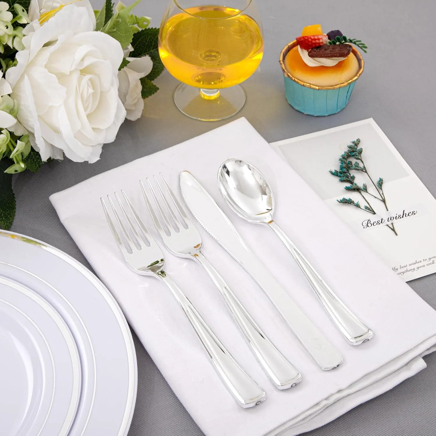 Supernal 360pcs Plastic Silverware Heavy Duty, Silver Plastic Silverware,Plastic Silverware Sets for Parties,Plastic Forks and Spoons,Party Plastic Flatware Suit for Weddings, Birthday Parties