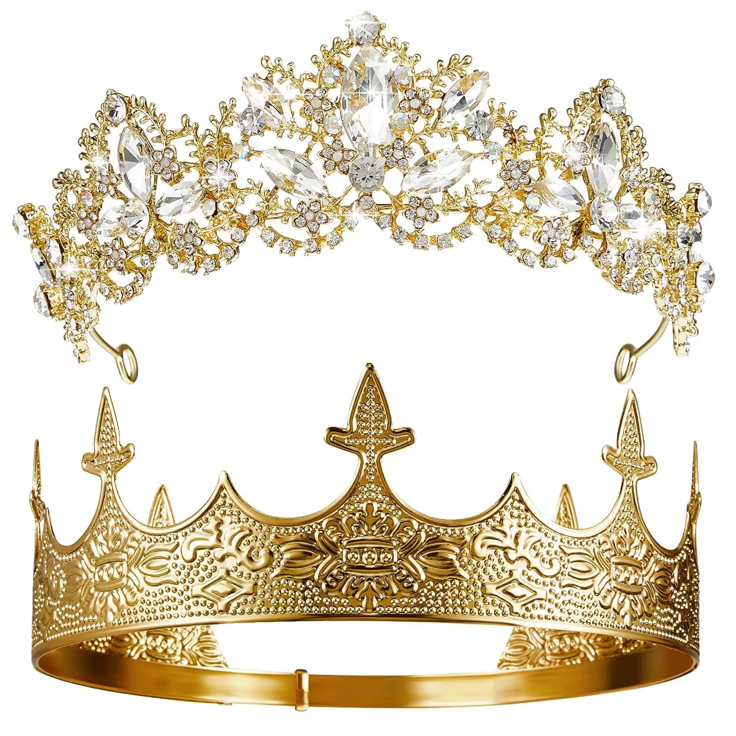Sureio 2 Pcs Antique Royal King Crown for Men Baroque Queen Crown for 2025 Graduation Prom Party Crystal Tiara Prom Cosplay Birthday Wedding Hair Headband Accessories(Elegant Style)