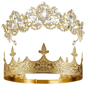 Sureio 2 Pcs Antique Royal King Crown for Men Baroque Queen Crown for 2025 Graduation Prom Party Crystal Tiara Prom Cosplay Birthday Wedding Hair Headband Accessories(Elegant Style)