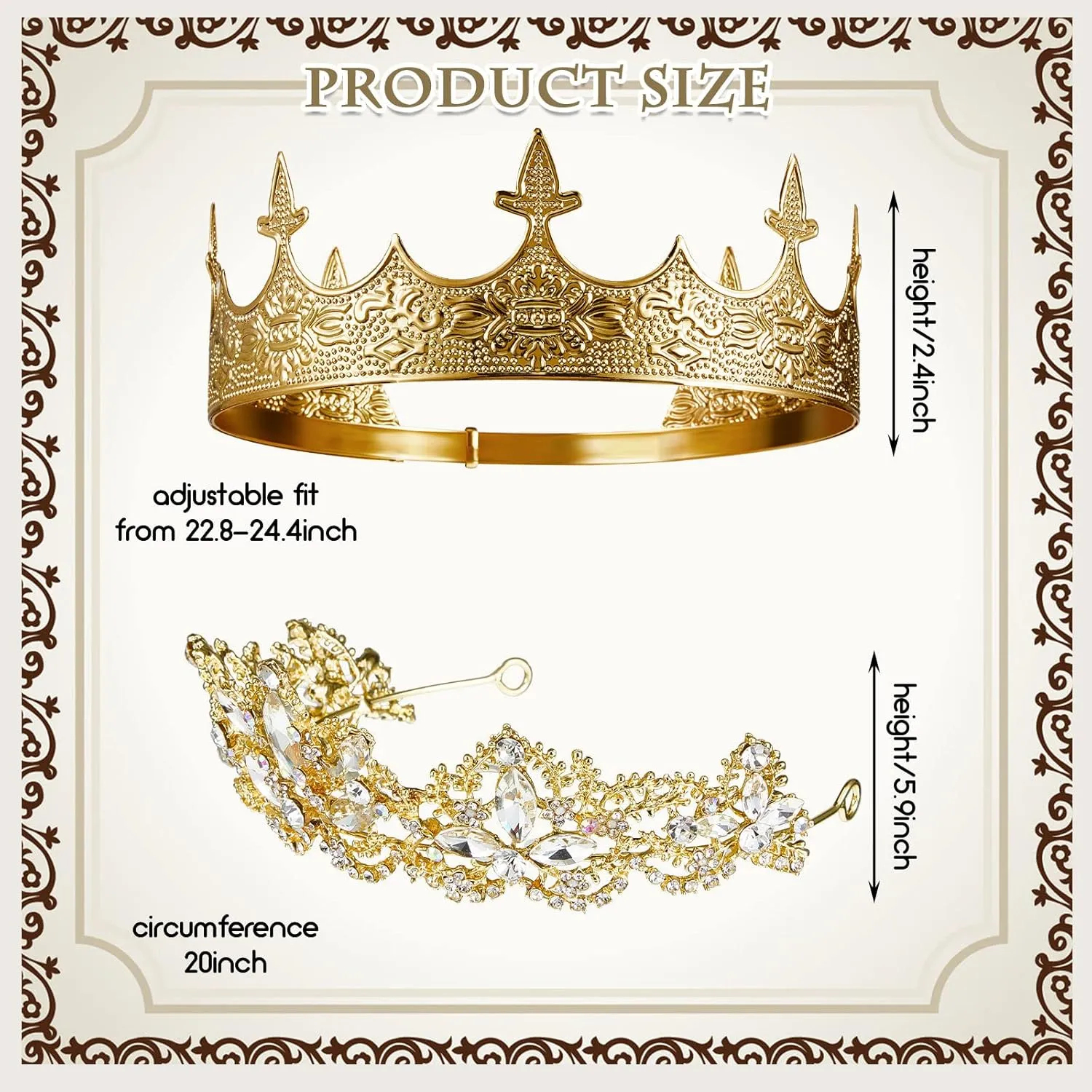Sureio 2 Pcs Antique Royal King Crown for Men Baroque Queen Crown for 2025 Graduation Prom Party Crystal Tiara Prom Cosplay Birthday Wedding Hair Headband Accessories(Elegant Style)