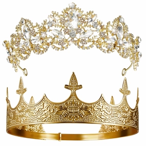 Sureio 2 Pcs Antique Royal King Crown for Men Baroque Queen Crown for 2025 Graduation Prom Party Crystal Tiara Prom Cosplay Birthday Wedding Hair Headband Accessories(Elegant Style)
