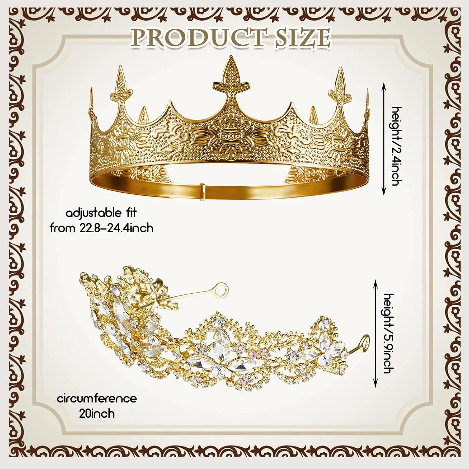 Sureio 2 Pcs Antique Royal King Crown for Men Baroque Queen Crown for 2025 Graduation Prom Party Crystal Tiara Prom Cosplay Birthday Wedding Hair Headband Accessories(Elegant Style)