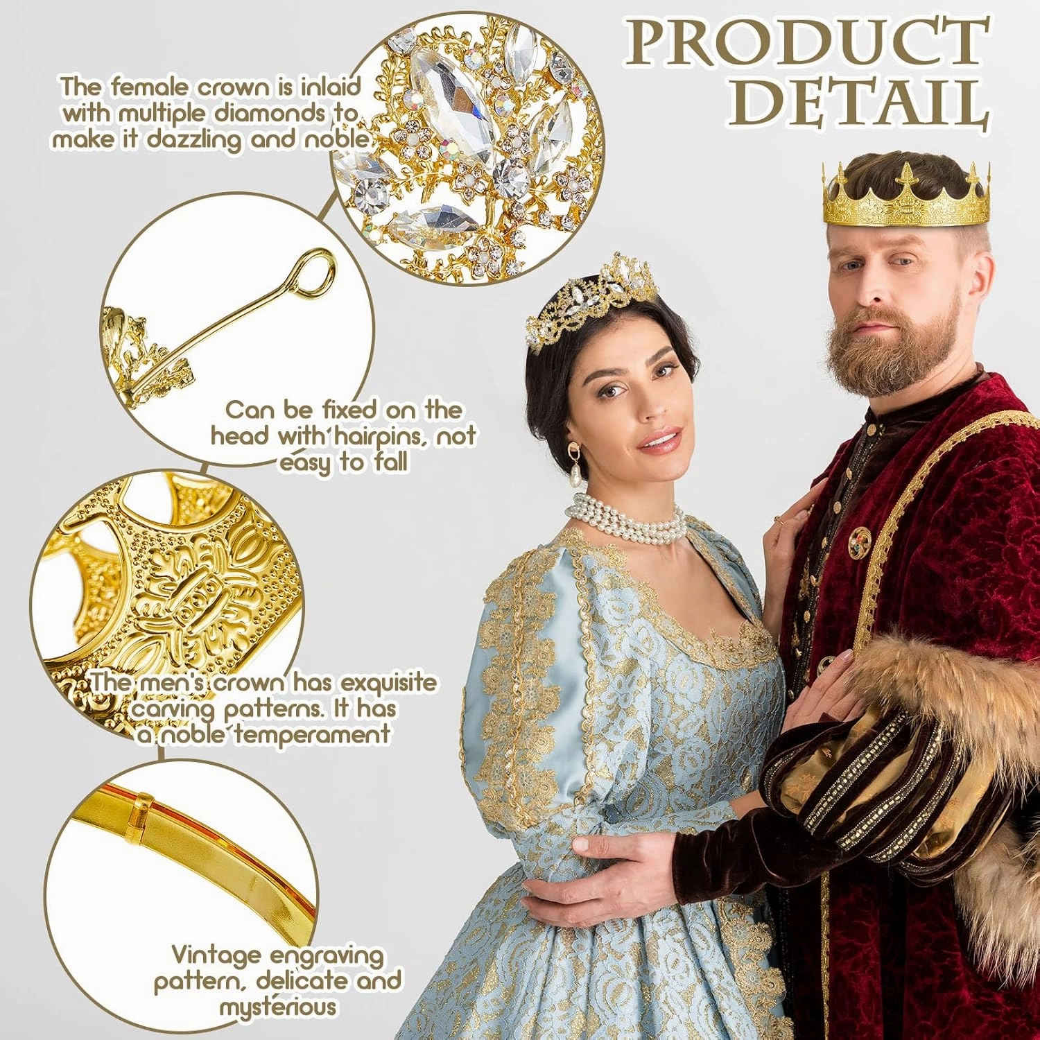 Sureio 2 Pcs Antique Royal King Crown for Men Baroque Queen Crown for 2025 Graduation Prom Party Crystal Tiara Prom Cosplay Birthday Wedding Hair Headband Accessories(Elegant Style)