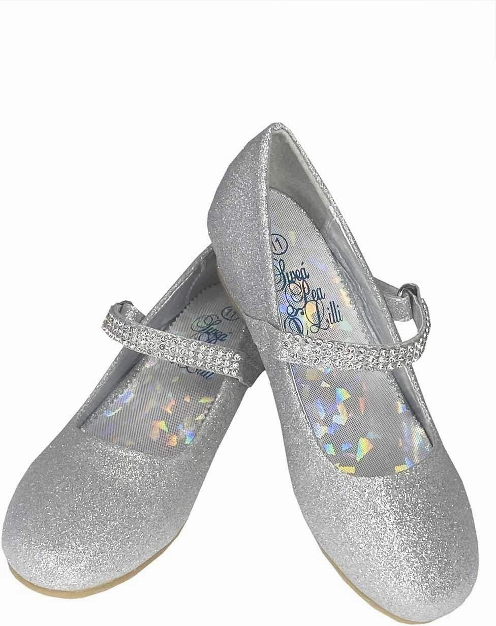SWEA Pea and Lilli Girls Dress Shoes Silver for Christmas and Holiday Parties - Toddler, Big and Little Kids 1 Inch Mary Jane Glitter Low Heels - Zapatos para Niñas de Vestir Size