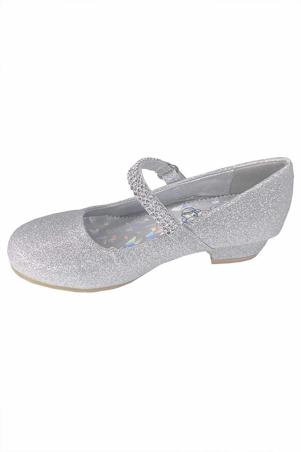 SWEA Pea and Lilli Girls Dress Shoes Silver for Christmas and Holiday Parties - Toddler, Big and Little Kids 1 Inch Mary Jane Glitter Low Heels - Zapatos para Niñas de Vestir Size