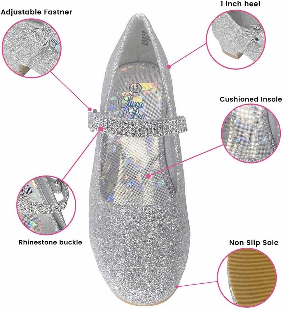 SWEA Pea and Lilli Girls Dress Shoes Silver for Christmas and Holiday Parties - Toddler, Big and Little Kids 1 Inch Mary Jane Glitter Low Heels - Zapatos para Niñas de Vestir Size