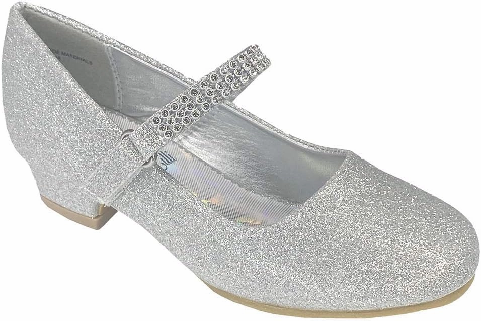 SWEA Pea and Lilli Girls Dress Shoes Silver for Christmas and Holiday Parties - Toddler, Big and Little Kids 1 Inch Mary Jane Glitter Low Heels - Zapatos para Niñas de Vestir Size