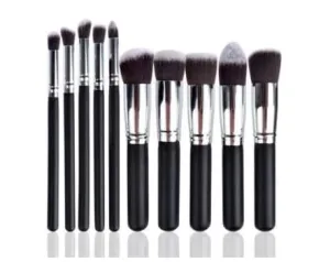 Synthetic Kabuki Foundation Face Powder Blush Eyeshadow Brush Makeup Brush Kit with Blender Sponge and Brush Cleaner - Makeup Brushes Set (10pcs, Black/Silver)