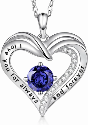 T400 Heart Necklaces for Women 925 Sterling Silver Birthstone Necklace I Love You for Always and Forever Pendant Jewelry Birthday Anniversary for Her