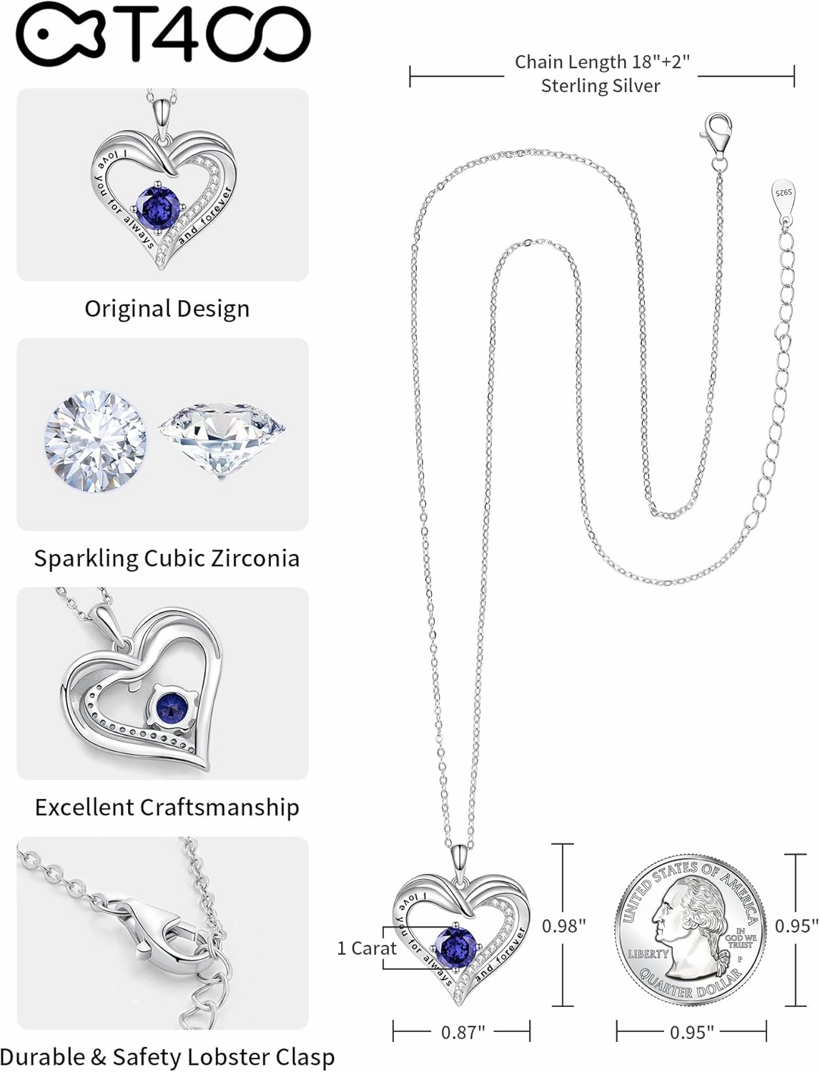 T400 Heart Necklaces for Women 925 Sterling Silver Birthstone Necklace I Love You for Always and Forever Pendant Jewelry Birthday Anniversary for Her