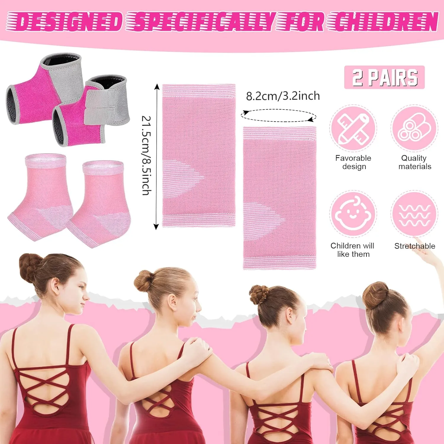 Tarpop 2 Pairs Kids Ankle Brace Set Foot Support Stabilizer Wraps Protector Guard Knitted Ankle Sleeve Sock Support Compression Socks for Injury Prevention(Pink,Medium)